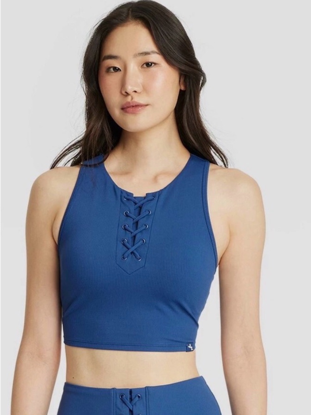 JoyLab sz M Deep Sea Blue Lace Detail Ribbed Cropped Sports Tank